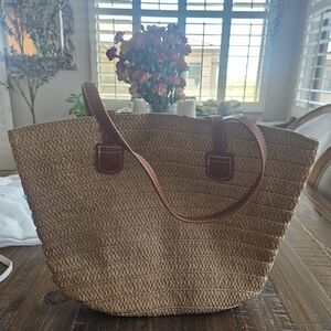 Woven Straw Tote Bag with Brown Leather Straps